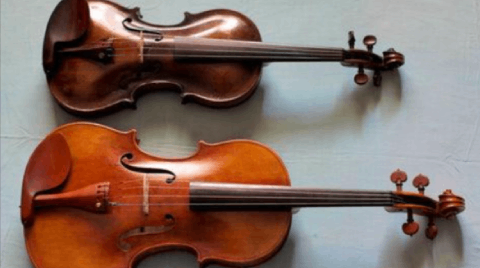 blog4 Two violins are sitting side by side on a table.