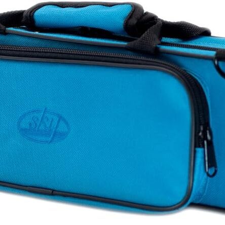 A blue bag with black trim and handles.