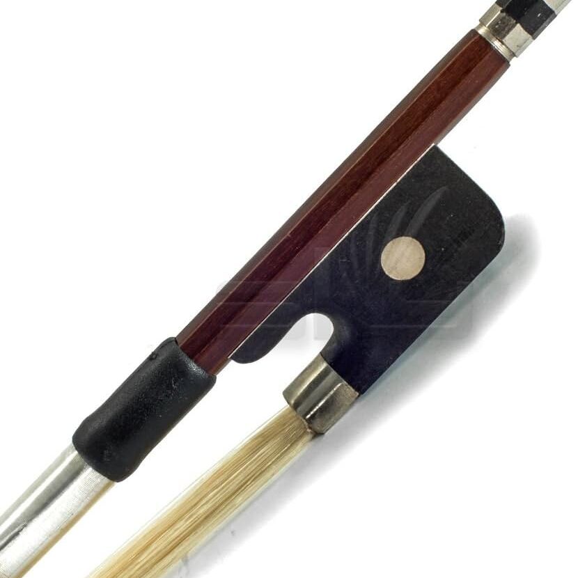 A violin bow with a black and brown handle.