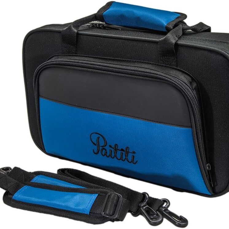 A blue and black bag with a strap