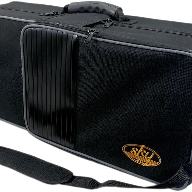 A black case with a strap and a logo on it.