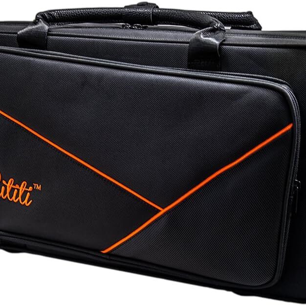 A black bag with an orange stripe on it